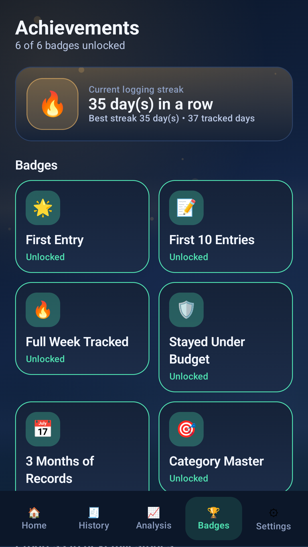 Achievements and badges screen